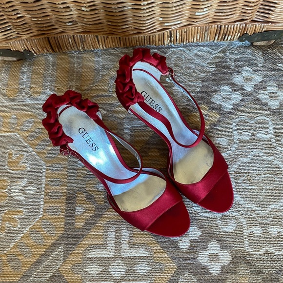 GUESS Red Satin Ankle Strap Heels - Picture 7 of 8